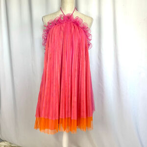 Amur Tate Pleated Tulle Mini Dress Halterneck Pink Orange Sheer Layered Women’s